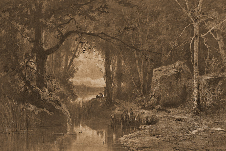 A dark and moody sepia toned drawing of people fishing at inlet.