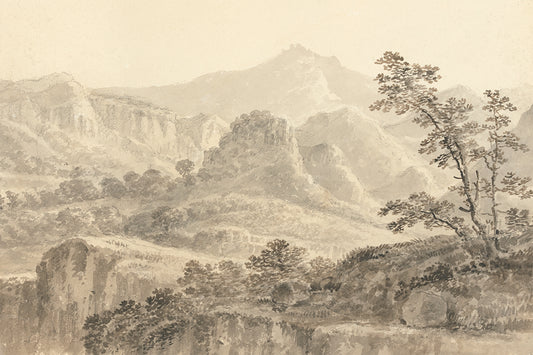 A vintage, monotone watercolour of trees and mountains. 