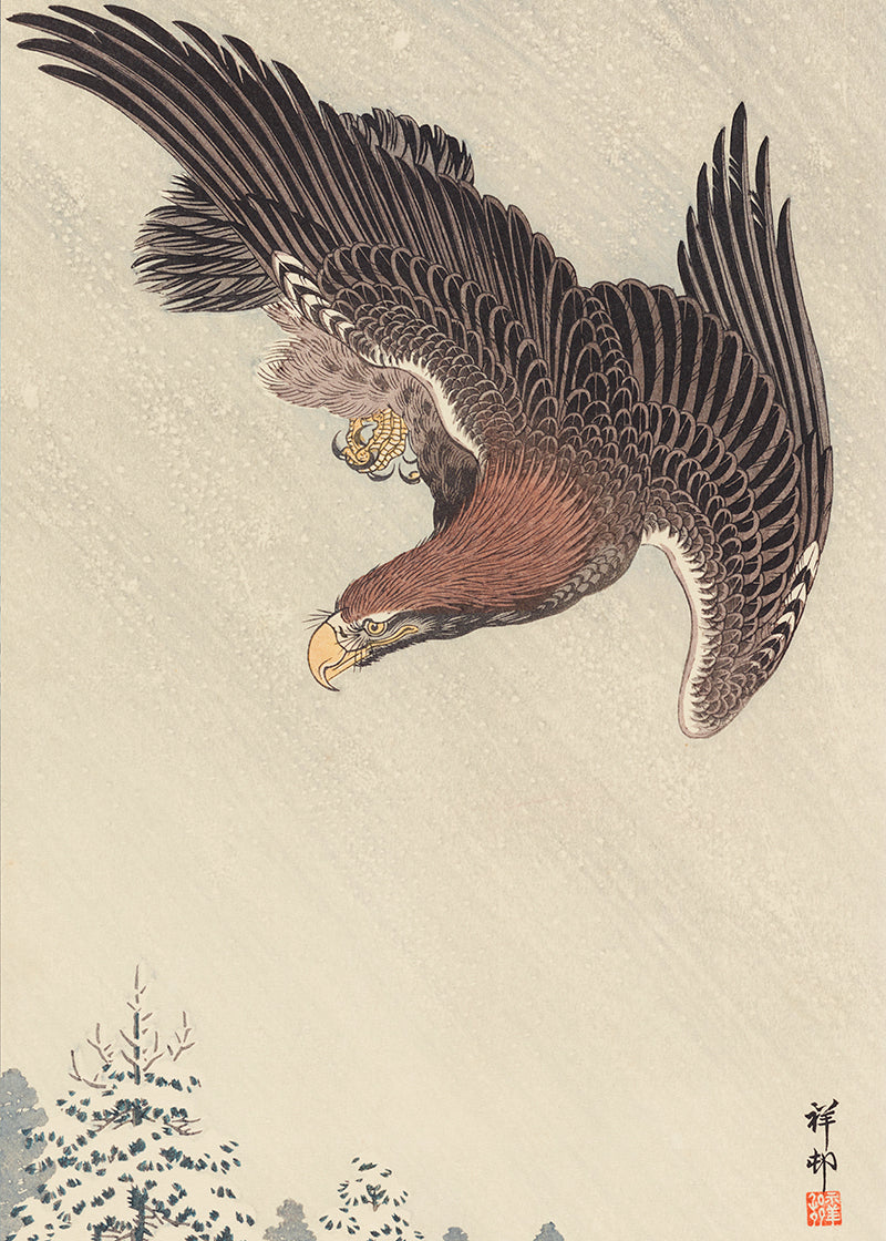 A Japanese painting of an Eagle.

Featuring blue, black, grey, brown, tan, white, yellow, cream and red.
A museum-quality fine art print with a lightly textured, matt finish, using giclée printing techniques that won't fade.