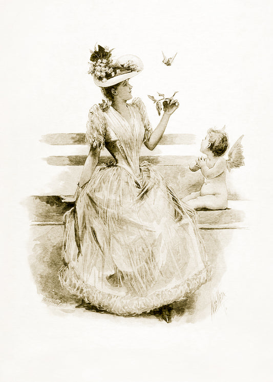 A charming sepia toned vintage lithograph of a lady and cherubic child with a butterfly on a bench.&nbsp;

Featuring cream and soft coffee tones.
A museum-quality fine art print with a lightly textured, matt finish, using giclée printing techniques that won't fade.
