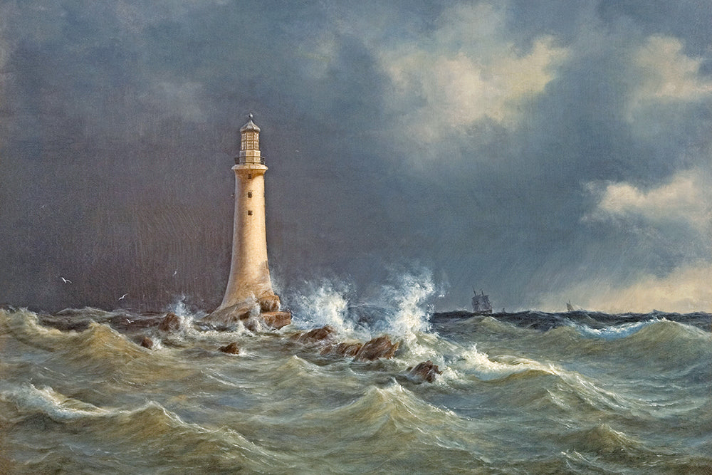 A vintage painting of a lighthouse in the ocean with lovely patina.