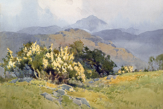 An ambient landscape painting of lime coloured trees with mountains in the distance.