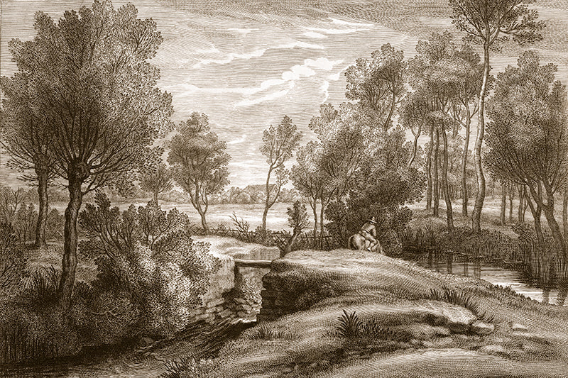 A vintage lithograph landscape depicting a man on horseback by a stream amongst the fields.