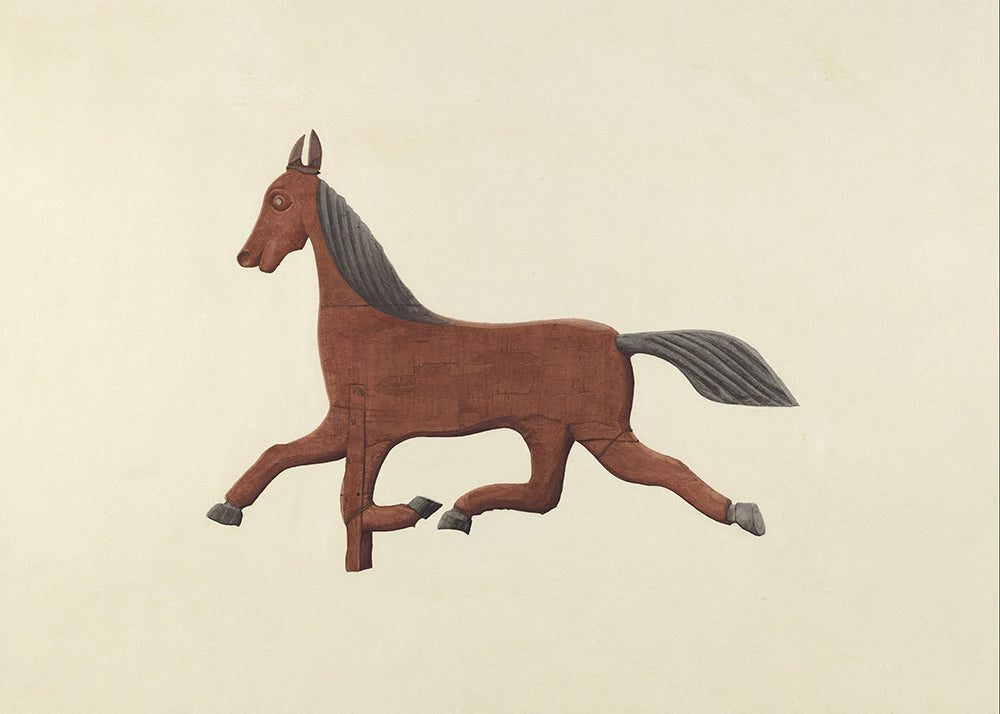 This charming print showcases a vintage horse weather vane, featuring a rich chocolate brown horse with a black mane against a soft, creamy backdrop.

Featuring brown, black and vintage cream.
A museum-quality fine art print with a lightly textured, matt finish, using giclée printing techniques that won't fade.