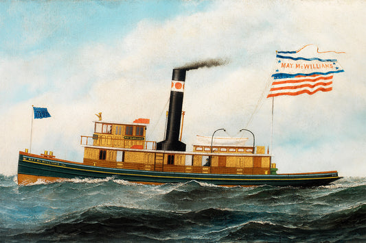 A delightful vintage painting of a steam boat called the May McWilliams. Its charming appeal makes it a great addition for a boys bedroom or boat-themed gallery wall, its unique style will add character and interest.

Featuring shades of blue, white, brown, black, yellow and red.
A museum-quality fine art print with a lightly textured, matt finish, using giclée printing techniques that won't fade.