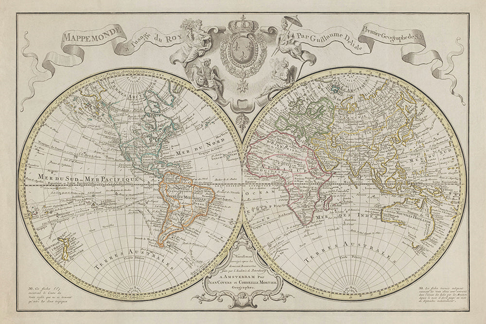 A decorative, vintage French world globe map.