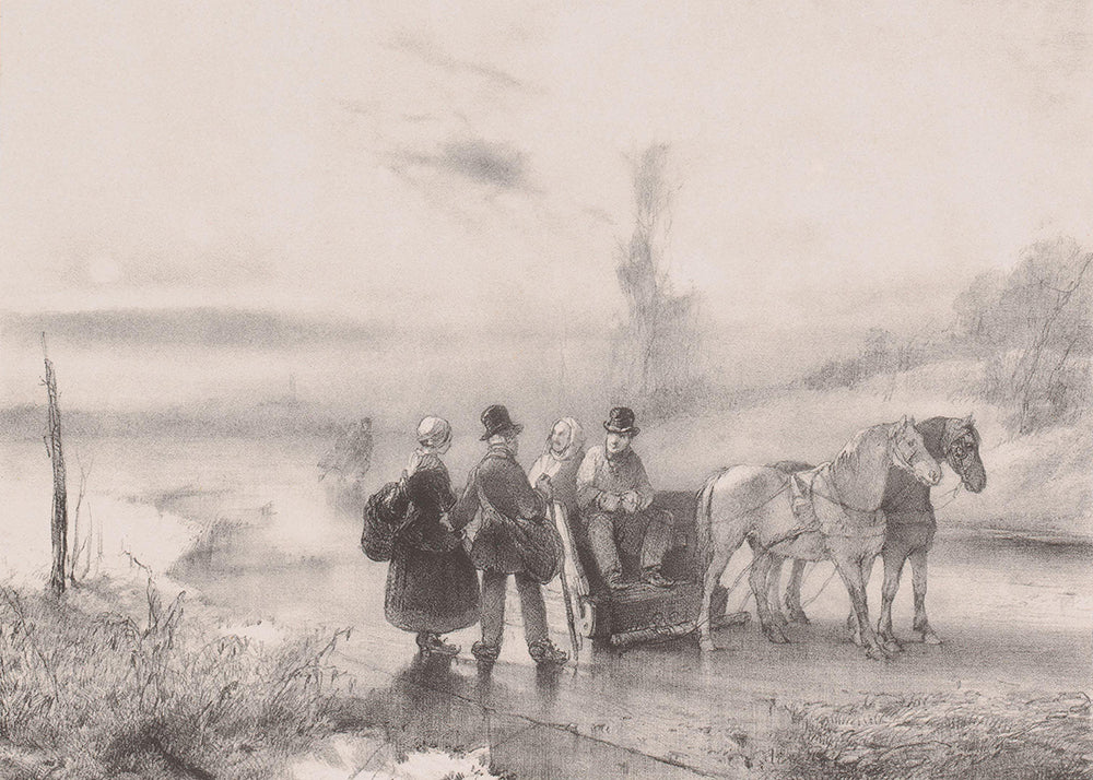 A delightful vintage sketch of people chatting and skating together on an icy winter landscape.&nbsp;

Featuring black, grey and vintage cream with a blush hue.
A museum-quality fine art print with a lightly textured, matt finish, using giclée printing techniques that won't fade.