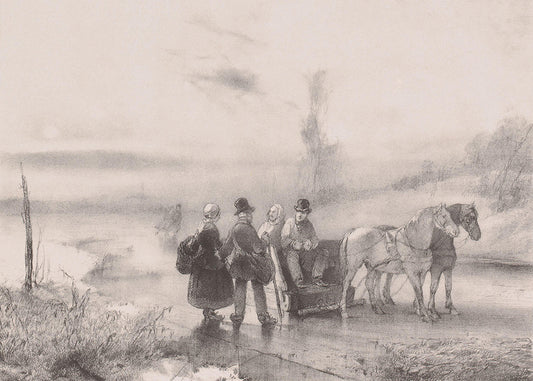 A delightful vintage sketch of people chatting and skating together on an icy winter landscape.&nbsp;

Featuring black, grey and vintage cream with a blush hue.
A museum-quality fine art print with a lightly textured, matt finish, using giclée printing techniques that won't fade.