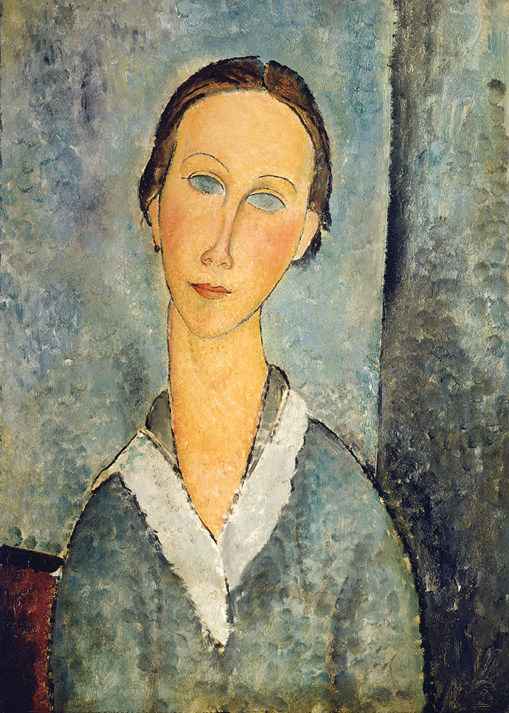 A stylised portrait of a blue eyed lady, by artist Modigliani.

Featuring blue, brown, rust, black, grey, white, blush, red, and mustard.
A museum-quality fine art print with a textured, matt finish, using giclée printing techniques that won't fade.