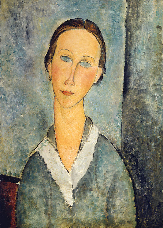A stylised portrait of a blue eyed lady, by artist Modigliani.

Featuring blue, brown, rust, black, grey, white, blush, red, and mustard.
A museum-quality fine art print with a textured, matt finish, using giclée printing techniques that won't fade.