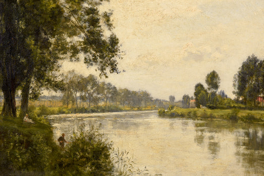 A rustic vintage landscape painting of a man fishing by a river. 