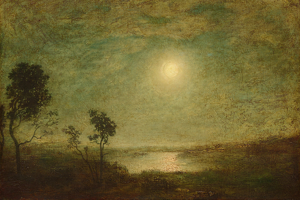 A highly textured, dark and moody vintage painting of a moonlit evening.