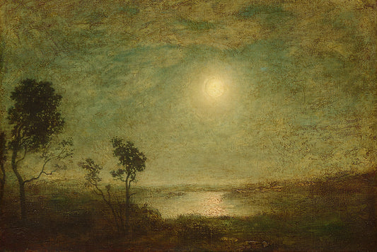 A highly textured, dark and moody vintage painting of a moonlit evening.