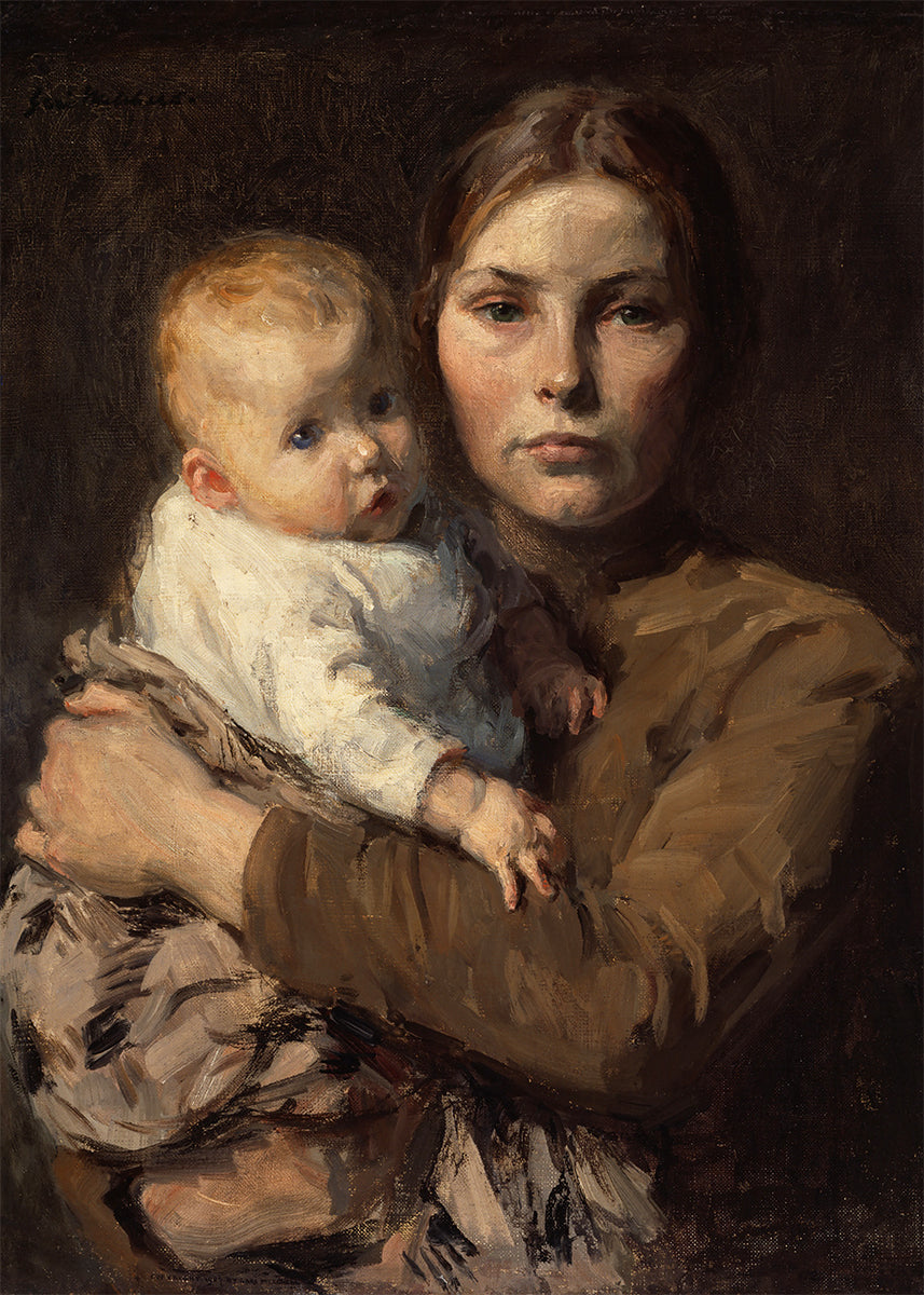 A charming portrait of a mother and her baby.&nbsp;

Featuring shades of brown, caramel, blush, tan, orange, blue, grey, white, cream, beige, and black.
A museum-quality fine art print with a lightly textured, matt finish, using giclée printing techniques that won't fade.