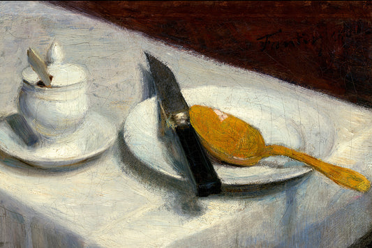This print showcases a mustard spoon and knife on a white table setting, with a rustic vintage patina.

Featuring brown, black, mustard yellow, white, grey and blue.
A museum-quality fine art print with a lightly textured, matt finish, using giclée printing techniques that won't fade.
