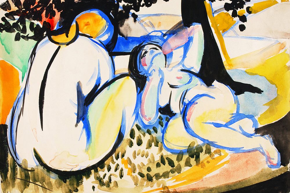 A colourful painting of 2 female nudes resting under a tree.&nbsp;

Featuring black, shades of yellow, green, orange, indigo and pink.
A museum-quality fine art print with a lightly textured, matt finish, using giclée printing techniques that won't fade.