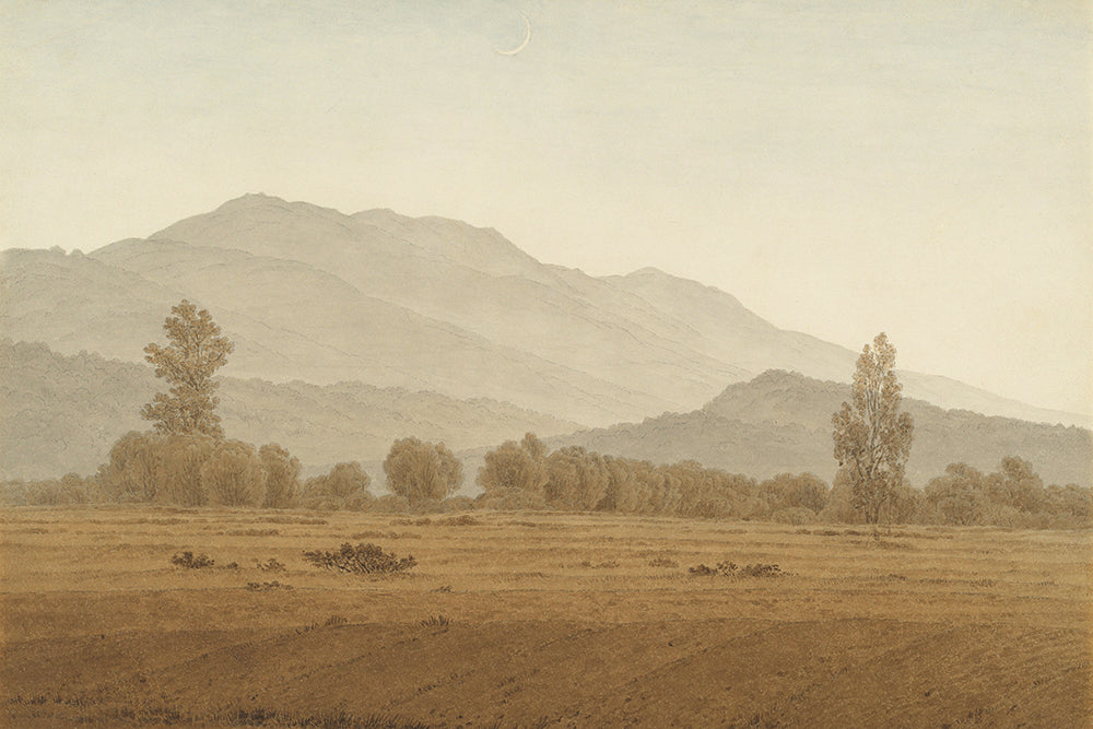 A tonal landscape of a field with trees, hills and a crescent moon in the distance.