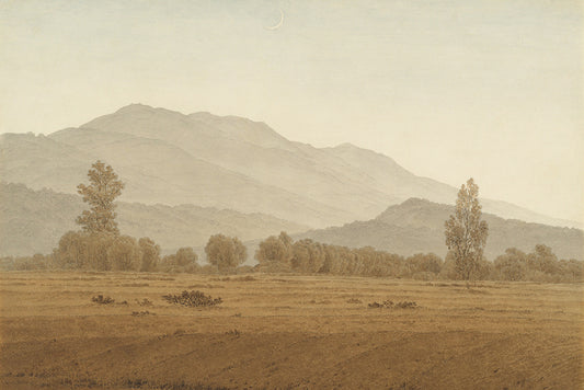 A tonal landscape of a field with trees, hills and a crescent moon in the distance.