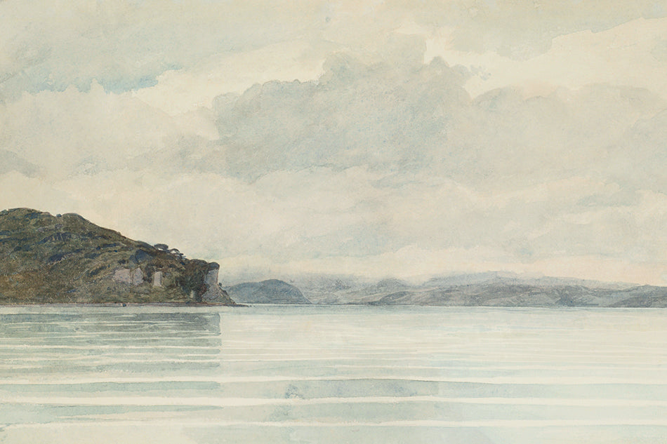 A peaceful watercolour of the sea looking to the land.