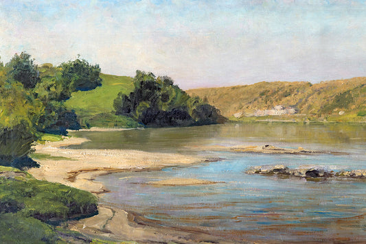 A vintage landscape painting of the Oka River. 