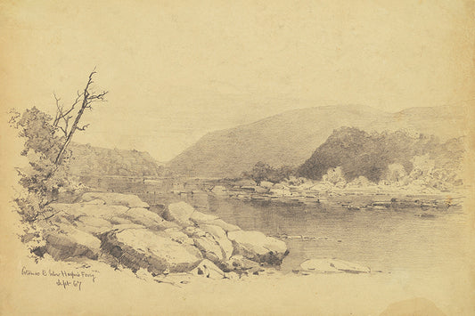 A vintage drawing of the tree lined Patomic River. This is an old sketch featuring natural patina such as stains & blotches. 