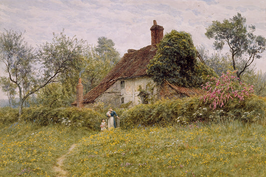This charming landscape beautifully captures the essence of a storybook English farmstead.&nbsp;

Featuring blue, grey, lime and olive green, rust, brown, black, yellow, pink and white.
A museum-quality fine art print with a lightly textured, matt finish, using giclée printing techniques that won't fade.