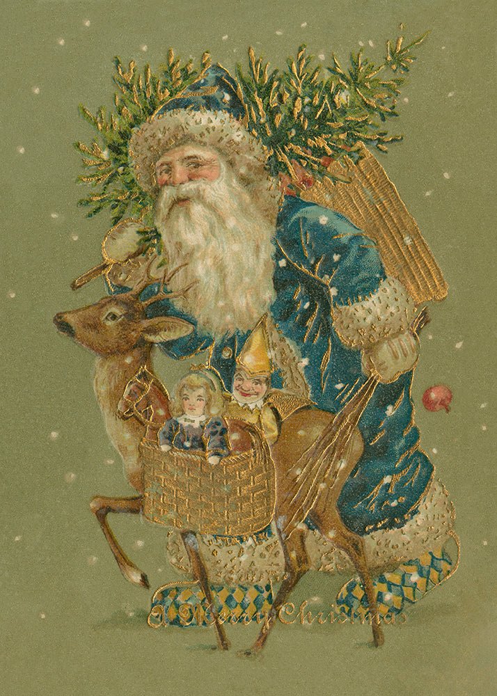 A vintage Christmas Card with Santa and a reindeer set against an olive green background.

Featuring olive, gold, blue, brown, red, blush, cream, yellow and grey.
A museum-quality fine art print with a lightly textured, matt finish, using giclée printing techniques that won't fade.