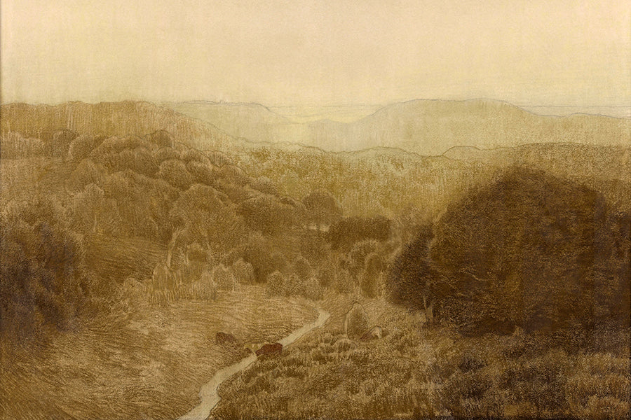 A muted and moody landscape depicting a path meandering through the countryside with cows and mountains in the distance.