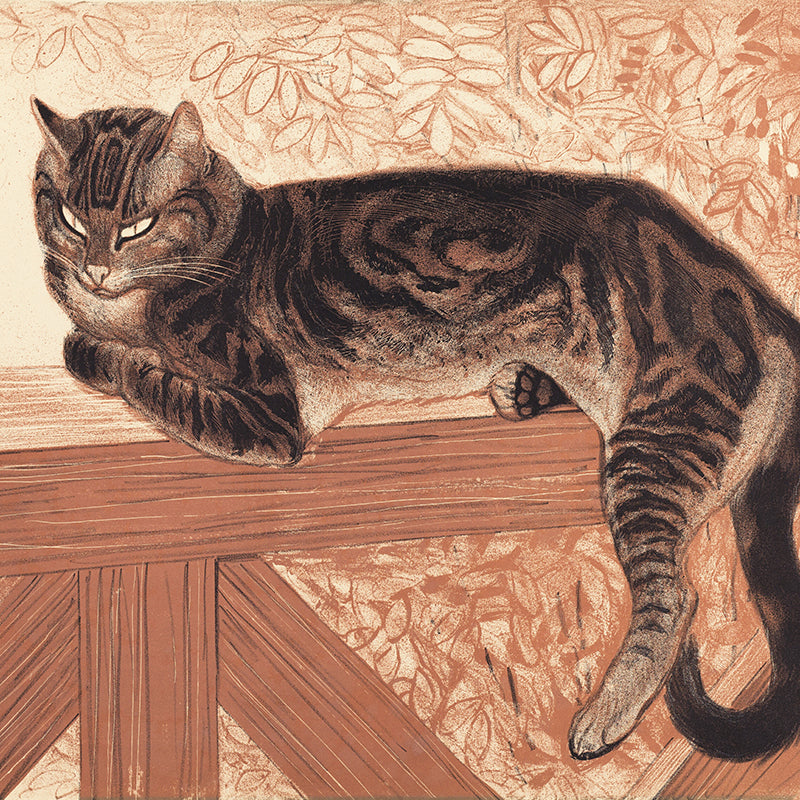 A fun painting of a lounging tortoiseshell cat. 