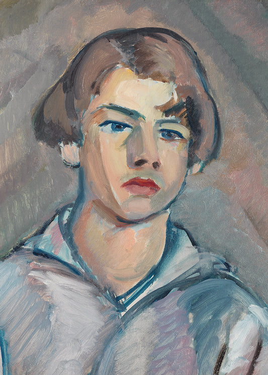 An impressionist style painting of a young man with a page boy haircut.

Featuring blue, brown, tan, beige, mauve, grey, claret and pink.
A museum-quality fine art print with a lightly textured, matt finish, using giclée printing techniques that won't fade.