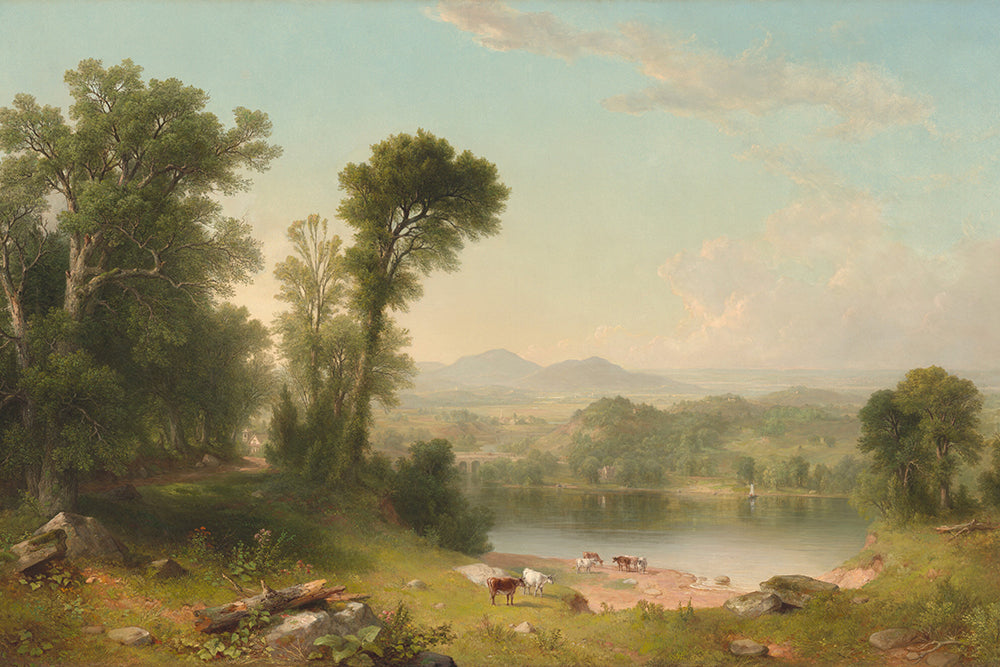 A classical vintage landscape painting of farmland by a river.&nbsp;