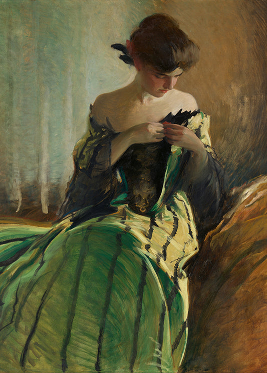 A charming vintage portrait of a seated lady wearing a green and black stripe dress.&nbsp;

Featuring shades of green, sage, aqua and black with beige, soft caramels, golds, tans, chocolate brown, cream and blush.
A museum-quality fine art print with a lightly textured, matt finish, using giclée printing techniques that won't fade.