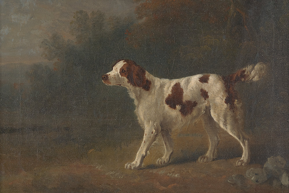 A vintage muted and moody print of a dog in nature. This print has a highly textured patina that will add warmth to any space.

Featuring shades of olive, green, brown, rust, black, grey and cream.
A museum-quality fine art print with a lightly textured, matt finish, using giclée printing techniques that won't fade.