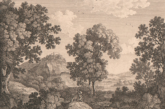 A vintage etching of peasants travelling through the country side.

Featuring black and warm blush toned vintage cream.
A museum-quality fine art print with a lightly textured, matt finish, using giclée printing techniques that won't fade.