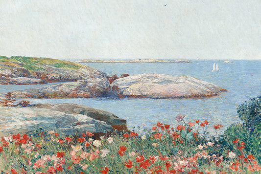A charming impressionist painting of a field of poppies by a bay.

Featuring shades of blue, green, grey, ivory, red, brown, apricot, yellow, pink and blush.
A museum-quality fine art print with a lightly textured, matt finish, using giclée printing techniques that won't fade.
