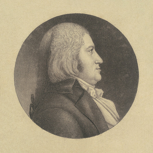 A vintage portrait of a man in profile, in a circular frame. This is part of a 9 print series.