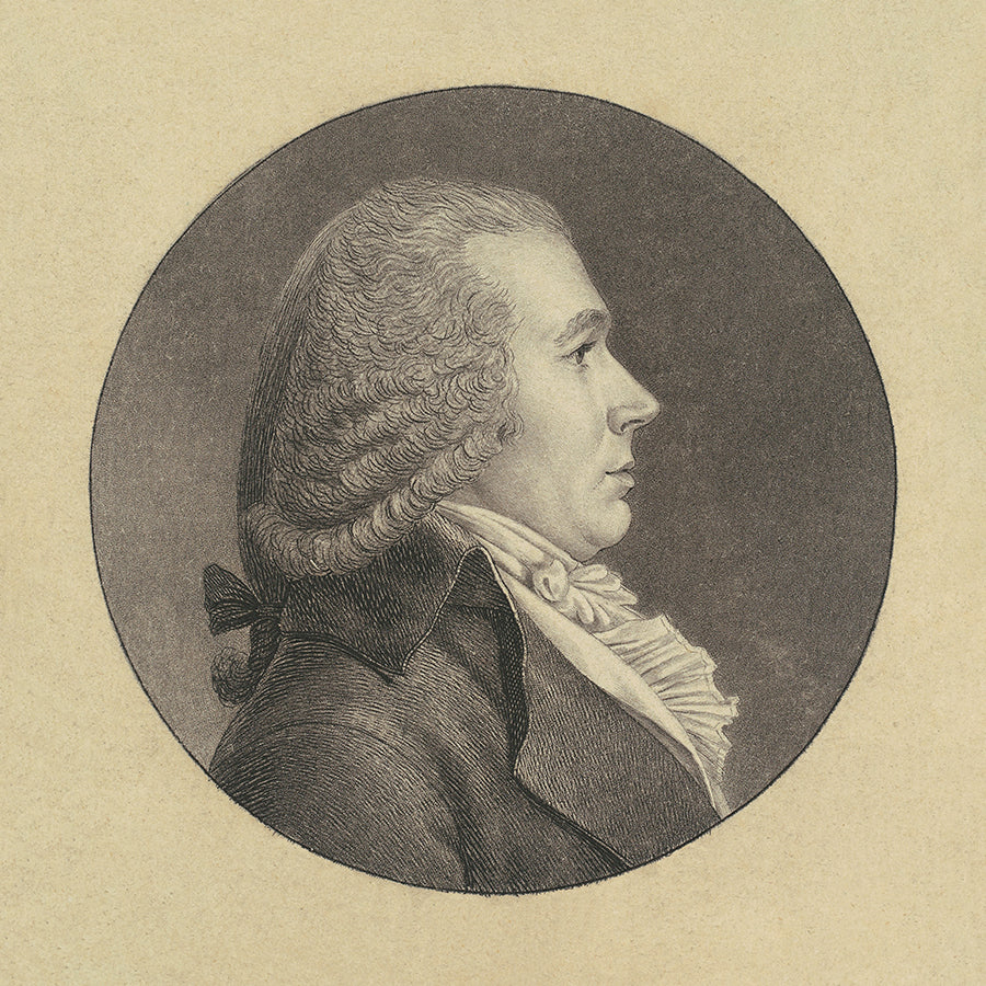 A vintage portrait of a man in profile, in a circular frame. This is part of a 9 print series.