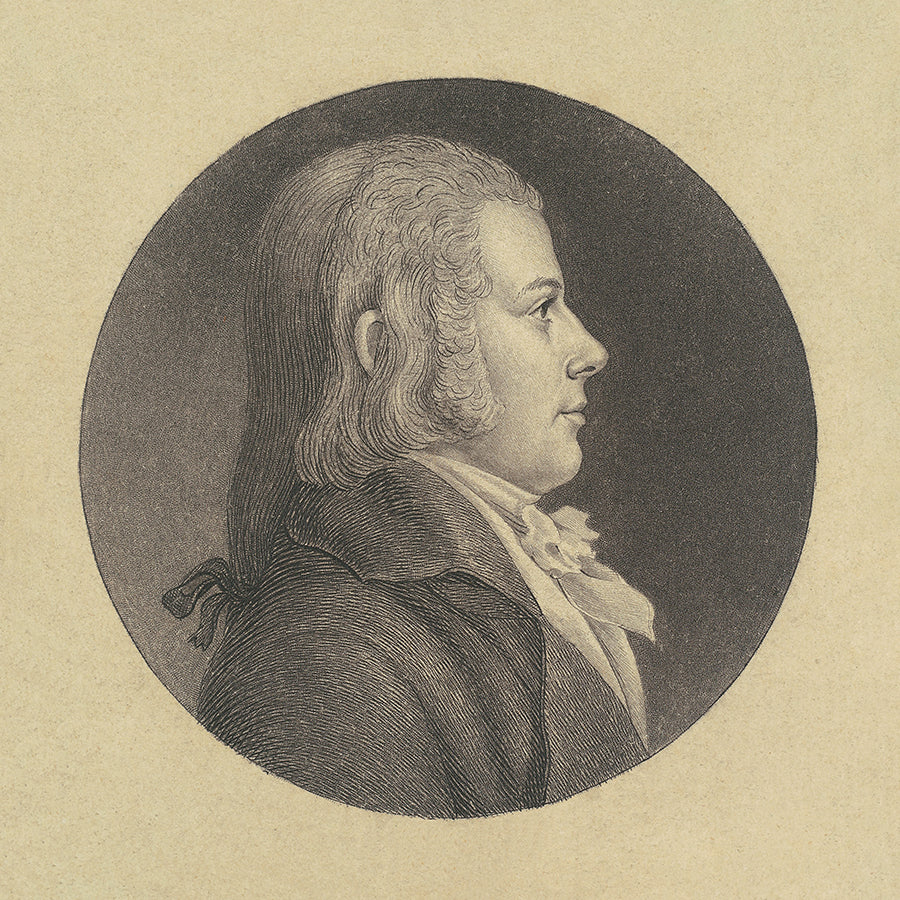 A vintage portrait of a man in profile, in a circular frame. This is part of a 9 print series.