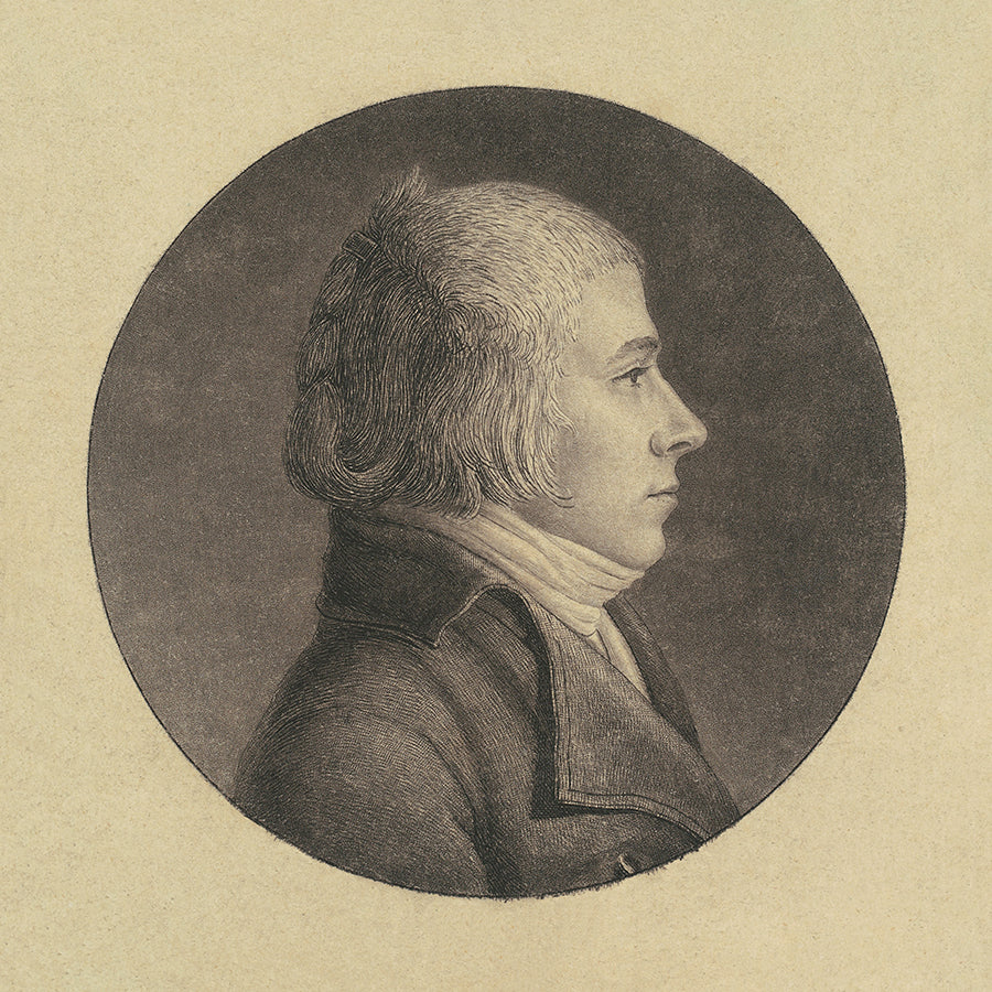 A vintage portrait of a man in profile, in a circular frame. This is part of a 9 print series.