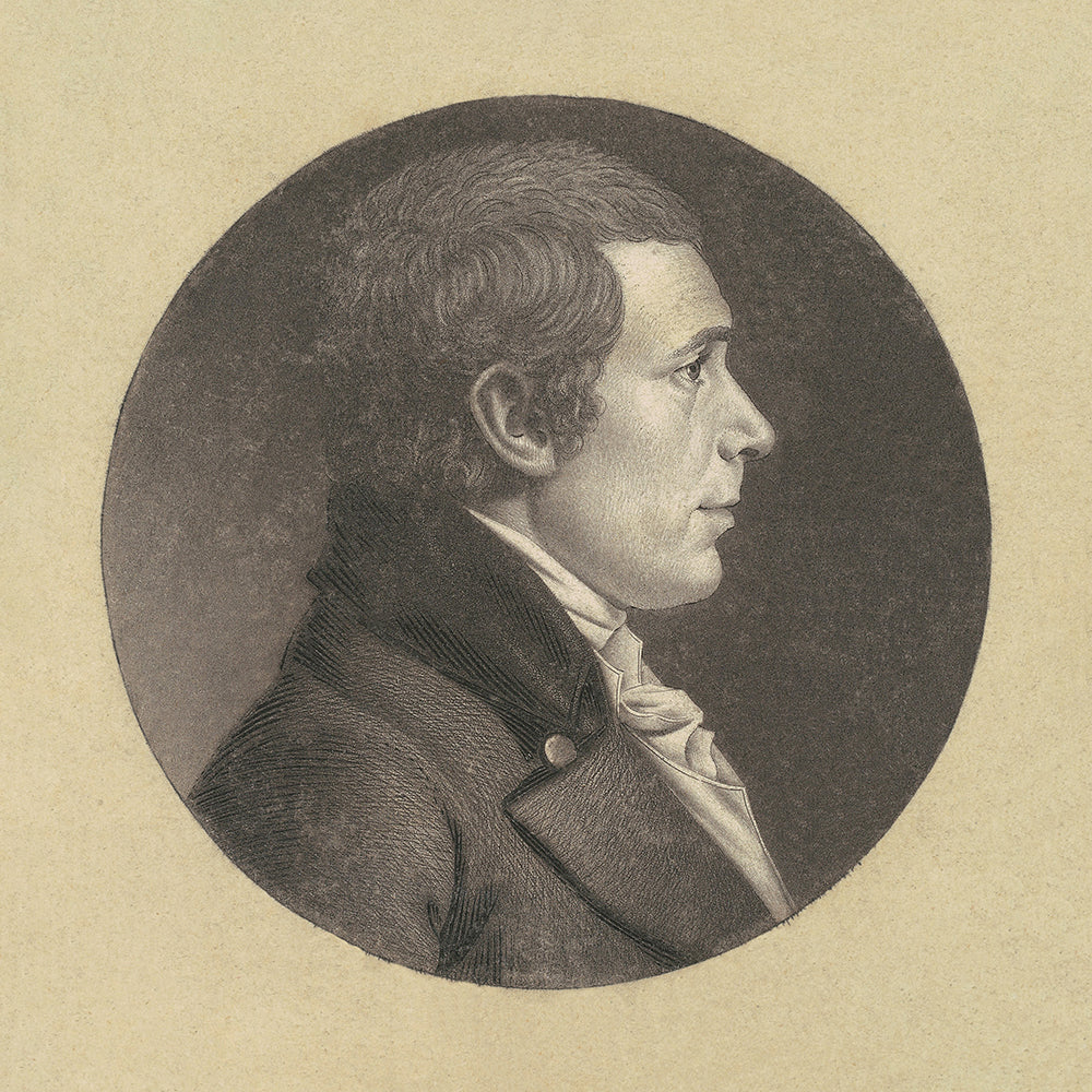 A vintage portrait of a man in profile, in a circular frame. This is part of a 9 print series.