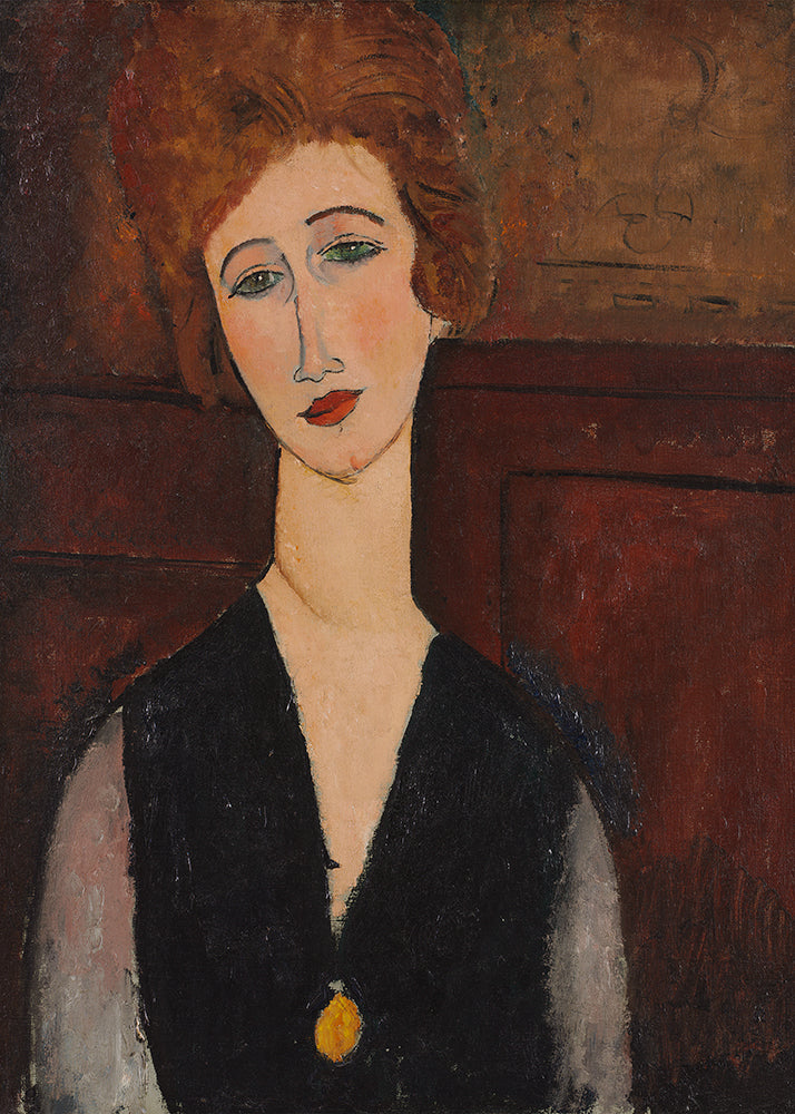 A beautifully textured portrait of a red headed woman. Painted in the typical style of artist Modigliani.

Featuring rust, caramel, brown, black, blush, green, yellow and grey.
A museum-quality fine art print with a textured, matt finish, using giclée printing techniques that won't fade.

Artist: Amedeo Modigliani