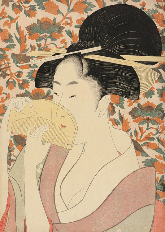 A beautiful traditional vintage print of a Japanese lady. Part of a pair.

Featuring red, black, green, pink, grey, cream, beige and brown.
A museum-quality fine art print with a lightly textured, matt finish, using giclée printing techniques that won't fade.
