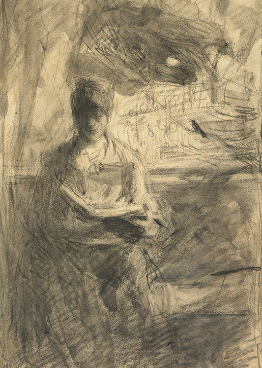 A highly textured, dark and moody portrait of a lady reading.

Featuring tan and shades of black.
A museum-quality fine art print with a textured, matt finish, using giclée printing techniques that won't fade.