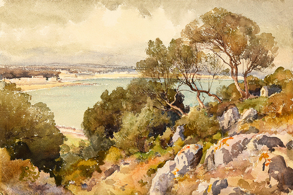 A watercolour landscape painting with rocks and trees in the foreground looking out across a bay.