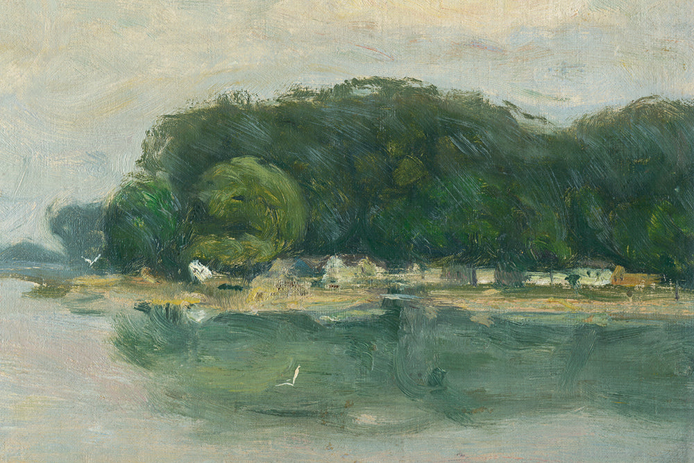 An impressionistic vintage painting of a riverside hamlet.