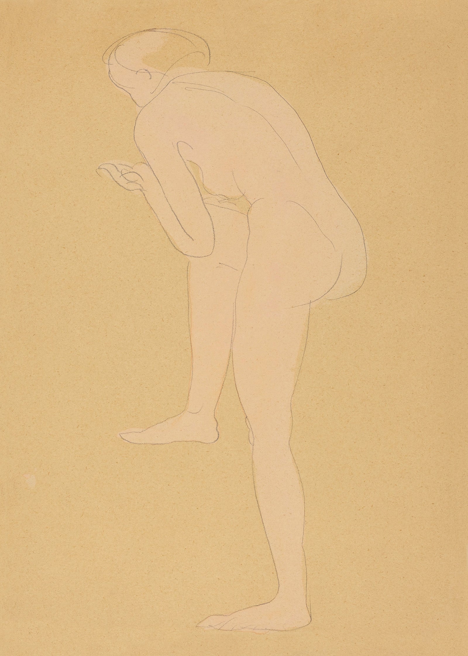 An abstract drawing of a female nude from behind.

Featuring blush, grey and tan.
A museum-quality fine art print with a textured, matt finish, using giclée printing techniques that won't fade.
Artist: Rodin