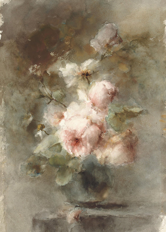 A charming watercolour of blooming pink roses arranged in a classic vase. This print has a lovely soft wash like style and muted colour palette – a perfect piece to add warmth, romance and whimsy to any space. Great for cottage core styling.

Featuring olive green, ivory, brown, tan, pink and grey.
A museum-quality fine art print with a textured, matt finish, using giclée printing techniques that won't fade.