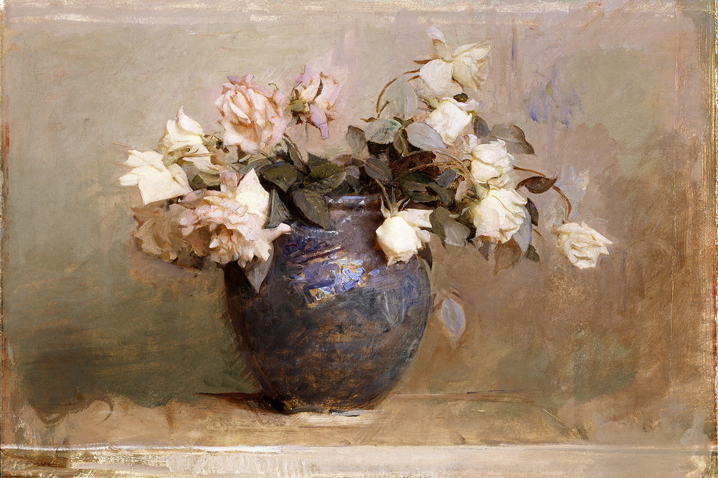 An ambient vintage painting of a blue vase filled with pink roses.