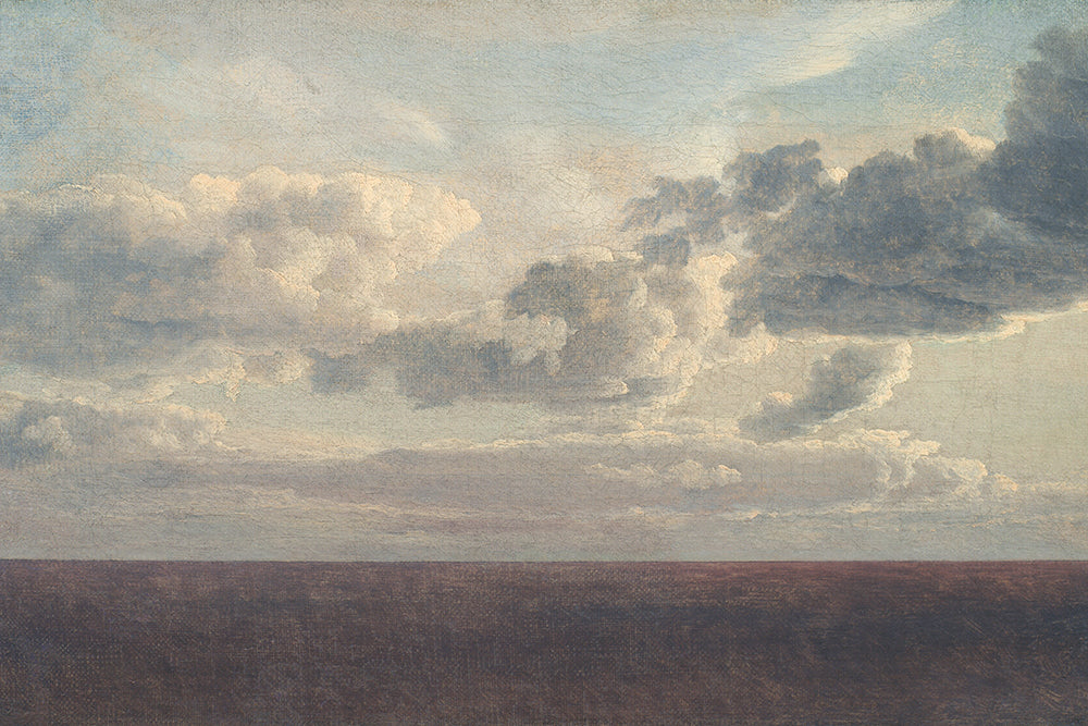 A vintage, rustic painting of a cloudy sky over a ribbon of blue ocean.