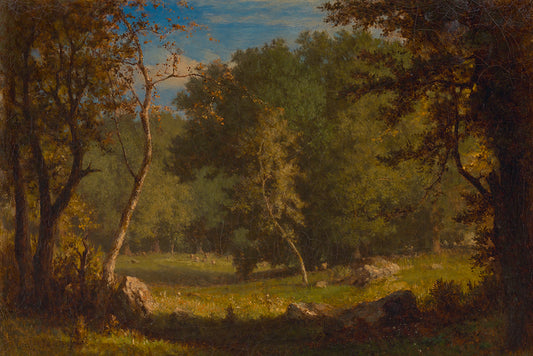 A textured, muted and moody vintage landscape painting of a rural tree lined field.

Featuring shades of olive green, blue, brown, grey, cream, yellow and rust.
A museum-quality fine art print with a lightly textured, matt finish, using giclée printing techniques that won't fade.